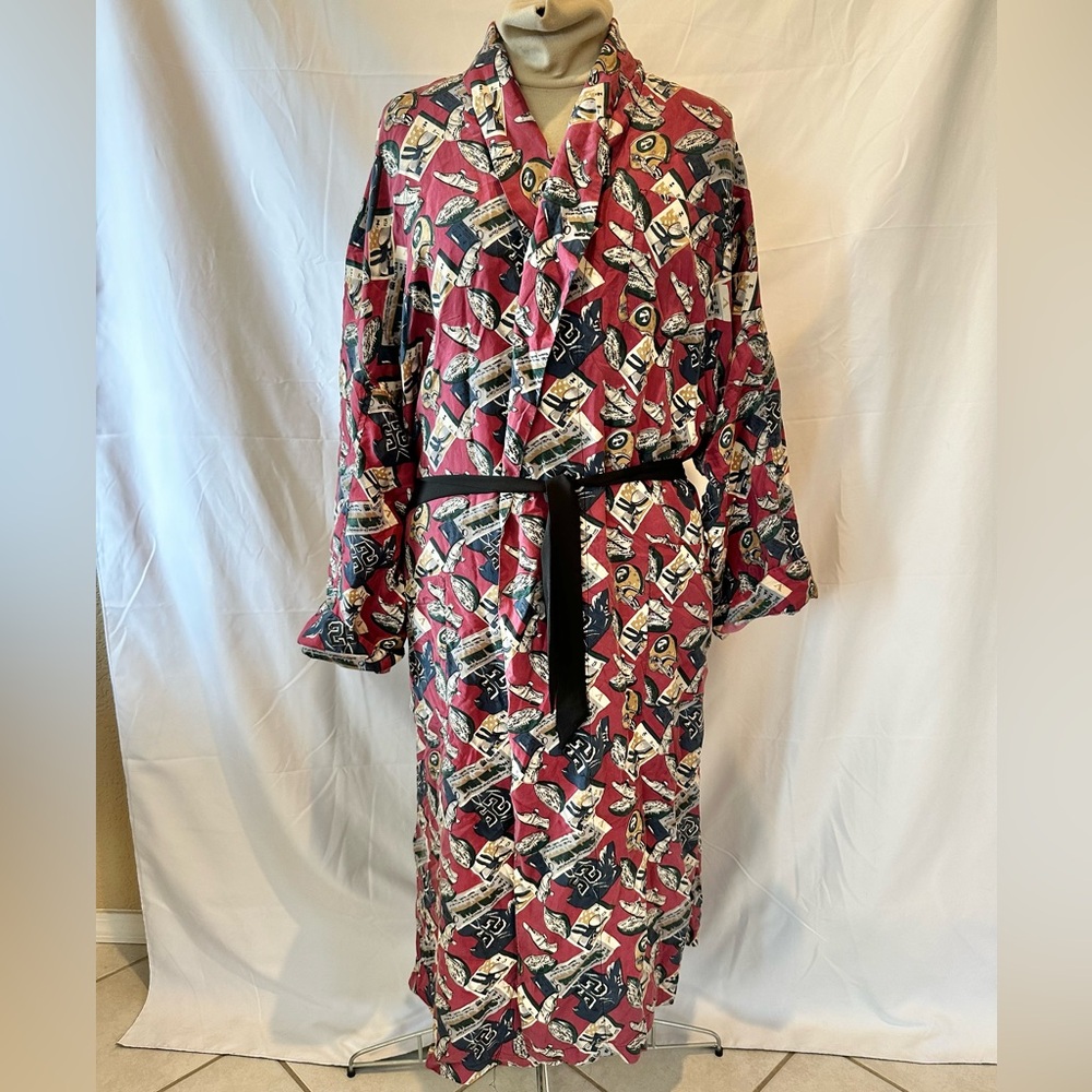 Robert Stock 100% Silk Robe Super Bowl Theme football Kimono Vintage